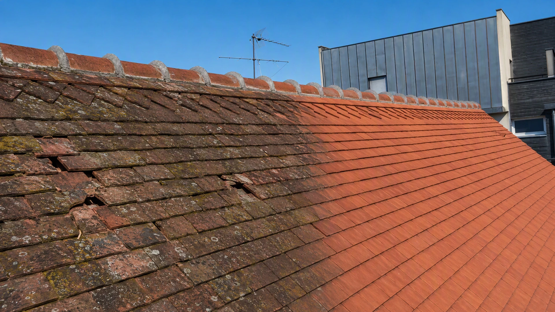 Hangar agricole ouvert avec toiture métallique à joints debout en acier galvanisé bleu anthracite, pose en panneaux nervurés parallèles